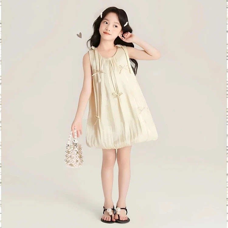Đầm Bí Bé Gái, Váy Tiểu thư Bé Gái Voan Óng Sát Nách Rút Nơ Đi Tiệc, Đi Chơi Từ 12-45kg Dành Cho Bé Gái