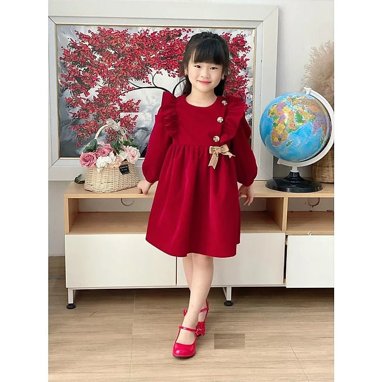Váy nhung bé gái 1-11 tuổi màu đỏ đô cổ thủy thủ đính nơ, Đầm nhung cho bé hàng thiết kế chất liệu cao cấp