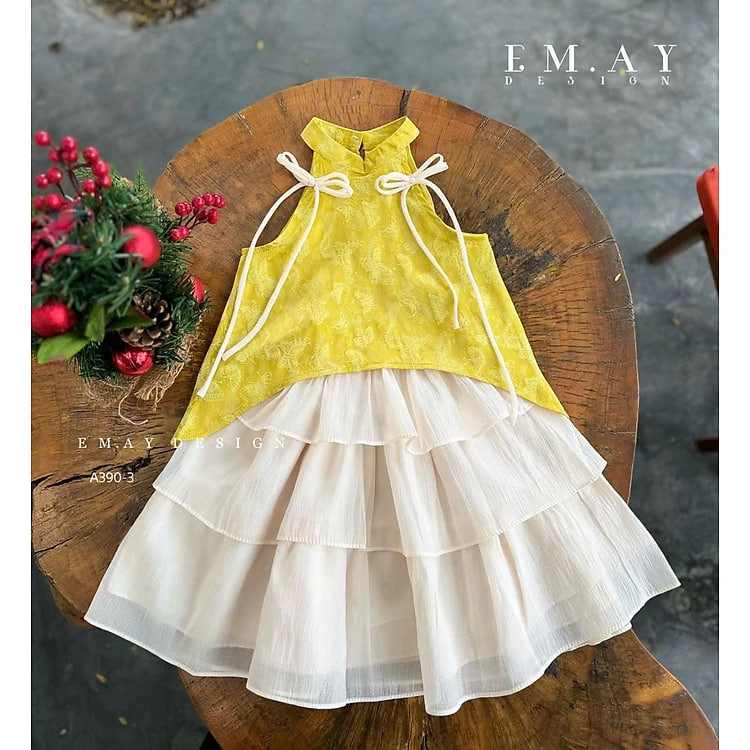 Bộ đầm váy áo cổ yếm cho bé gái diện lễ tết năm mới đẹp từ 10-40kg chất lụa mềm mát
