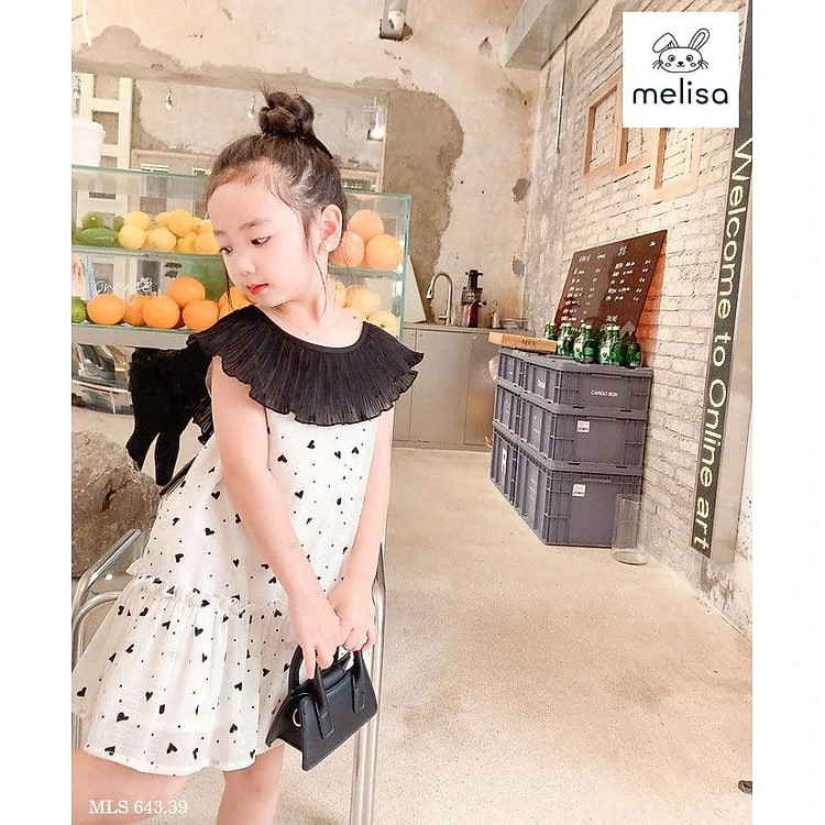 Váy hè bé gái sát nách 1-11 tuổi họa tiết hình trái tim, Đầm trắng cho bé hàng thiết kế vải tơ nhẹ thoáng mát