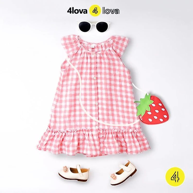 Váy bé gái 4LOVA đũi cotton cánh tiên họa tiết caro cài cúc 8-30 kg