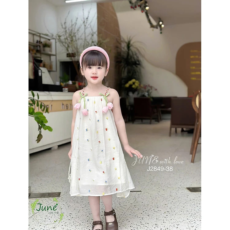 Đầm váy hai dây cho bé gái hoa tuplip mùa hè mát mẻ đi chơi du lịch đẹp từ 10-40kg chất tơ mềm