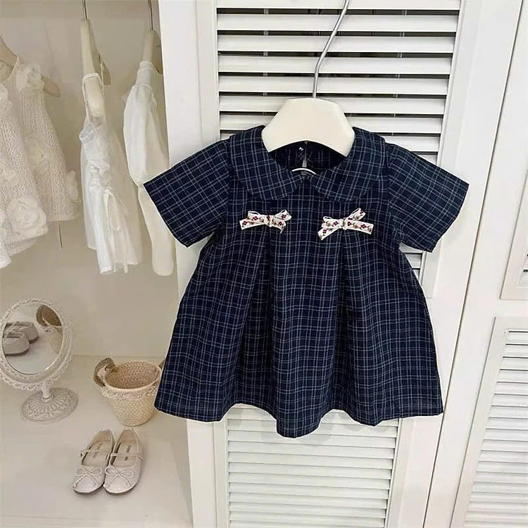 VÁY XÒE CỔ BÈO 2 NƠ SỌC CARO CHO BÉ GÁI 1-8 TUỔI TỪ 10-26KG DÀNH CHO BÉ GÁI