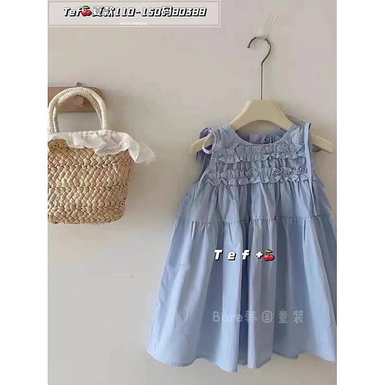 Váy hè cho bé gái 4-9 tuổi phối kẻ thêu ren thoáng mát thấm hút mồ hôi kiểu dáng điệu đà