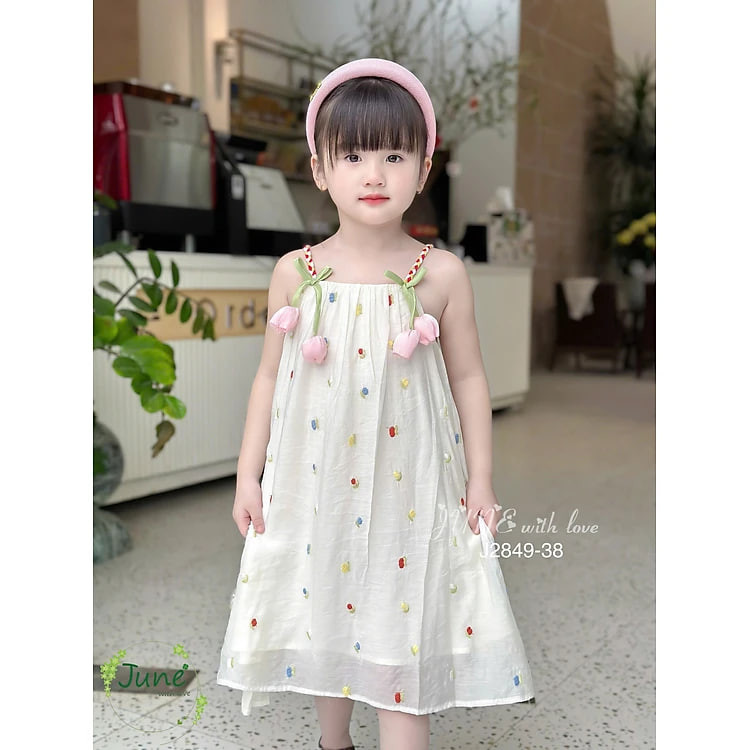 Đầm váy hai dây cho bé gái hoa tuplip mùa hè mát mẻ đi chơi du lịch đẹp từ 10-40kg chất tơ mềm