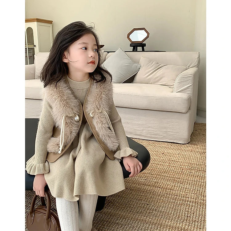 Set váy bé gái, Đầm thu đông cho bé 1-6 tuổi gile lông kèm túi đeo phong cách Hàn Quốc kiểu dáng thời trang