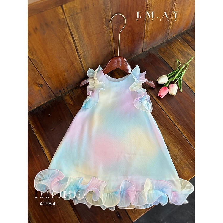 Đầm váy công chúa cho bé gái màu loang cầu vồng đi chơi du lịch biển đẹp size 10-40kg hàng cao cấp