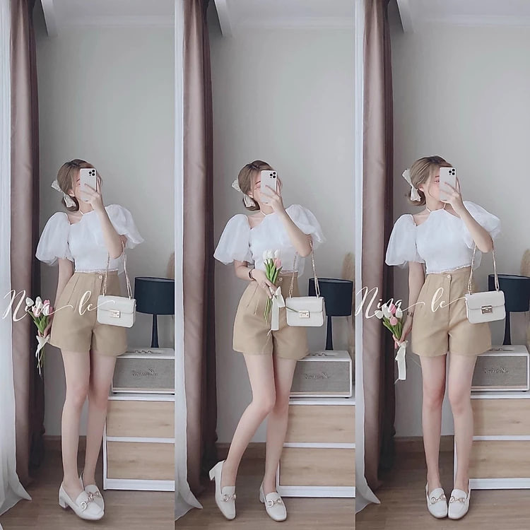 Set bộ đồ nữ áo yếm tay bồng vải tơ kèm quần short đùi nữ cá tính