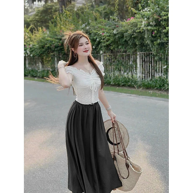 SET VÁY ĐŨI VÂN MÂY KÈM ÁO REN HOA Y MẪU 2 MÀU Y HÌNH