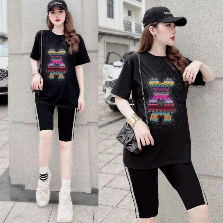 Sét bộ đồ lửng nữ áo form rộng thêu hình siêu kute mẫu mới đẹp có bigsize, bộ đồ thể thao đi chơi mặc ơ nhà xinh xắn