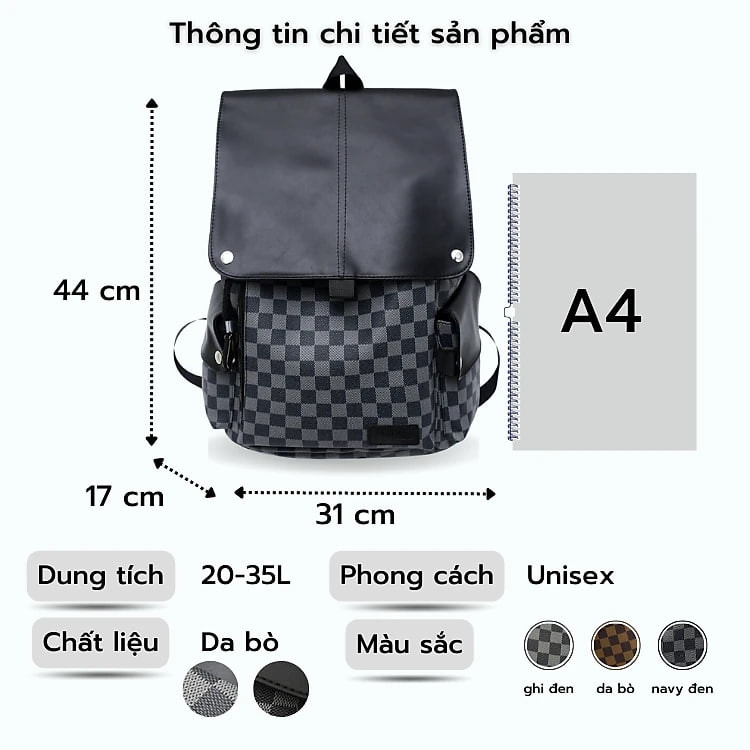 Balo da thời trang nam nữ Lalunavn phong cách Unisex họa tiết kẻ caro,Balo du lịch, đi học đựng