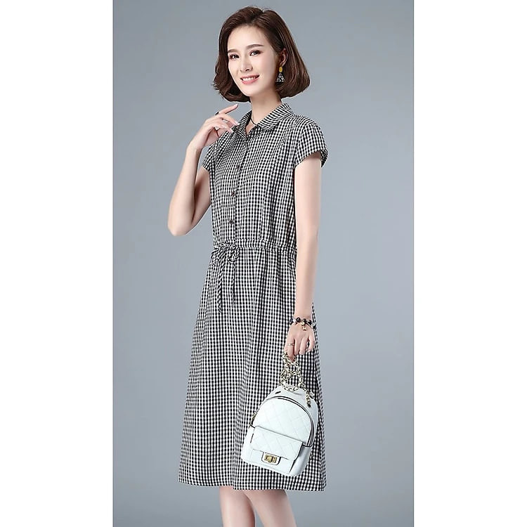 Đầm sơ mi nữ kẻ caro, Đầm đũi nữ ngắn tay, dáng dài phong cách công sở ARCTIC HUNTER AH73