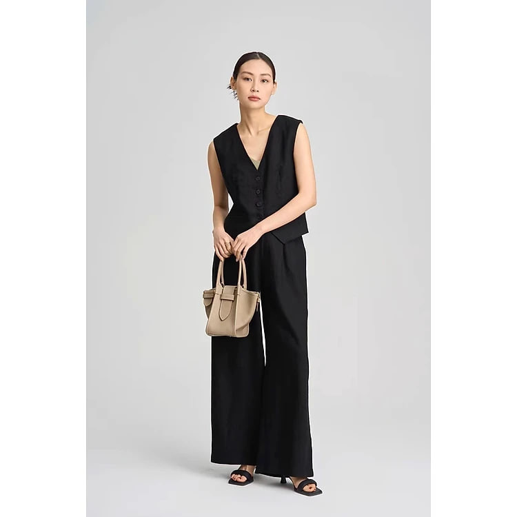 Set bộ nữ áo gile phối cúc cổ V mix quần dài ống rộng phong cách Hàn Quốc