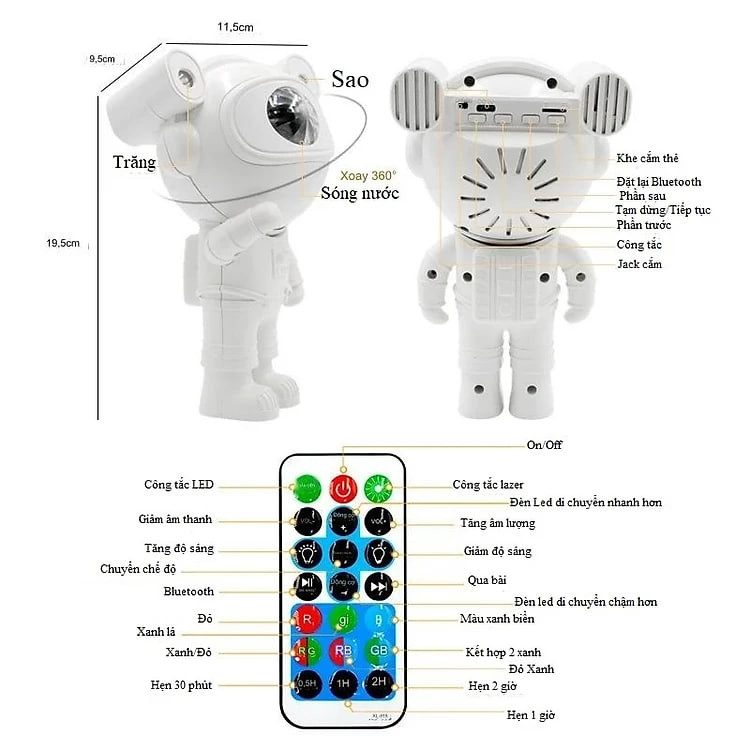 Đèn Phi Hành Gia, Đèn Thiên Hà Chiếu Sao Nhấp Nháy Theo Nhạc, Có Loa Bluetooth, Có Remote, Decor Phòng Ngủ Chill