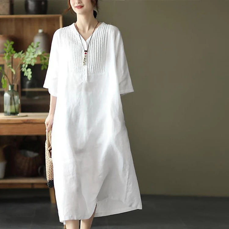Đầm suông linen tay lỡ cổ phát V, chất vải linen tự nhiên mềm mát, thời trang cho phái nữ Da78