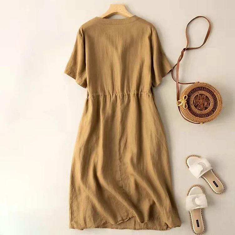 Đầm linen nữ thiết kế cổ V có túi, mix phong cách sơ mi thời trang, đầm đũi chất lượng cao AH72