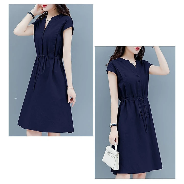 Đầm Linen nữ cổ V rút eo 2 túi phong cách công sở Đũi Việt Dv160