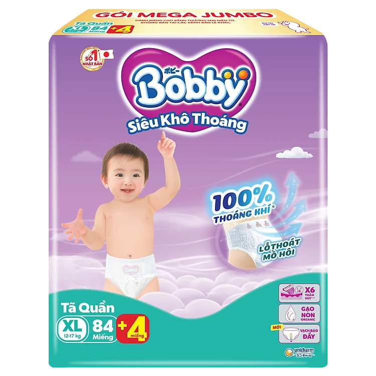 [TẶNG KÈM 4 MIẾNG] Tã quần Bobby Siêu Khô Thoáng - 100% Thoáng Khí Mega Jumbo - XL84
