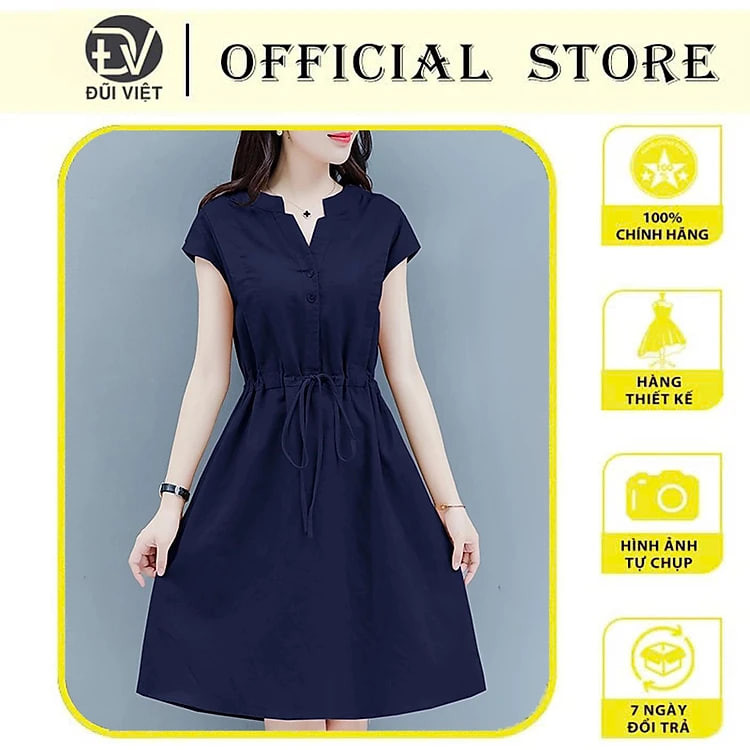 Đầm Linen nữ cổ V rút eo 2 túi phong cách công sở Đũi Việt Dv160