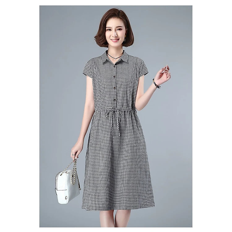 Đầm sơ mi nữ kẻ caro, Đầm đũi nữ ngắn tay, dáng dài phong cách công sở ARCTIC HUNTER AH73