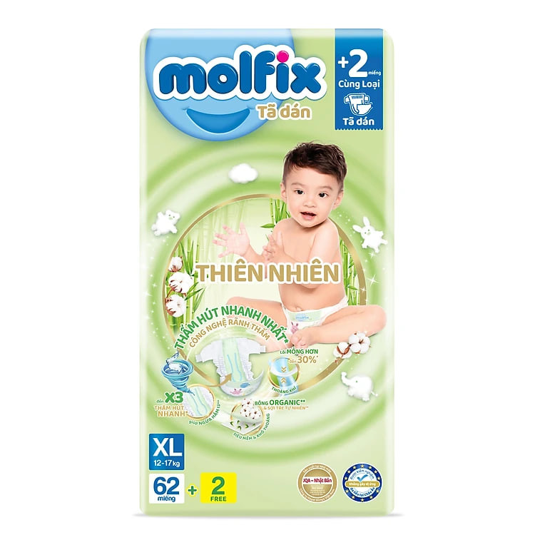 Tã/bỉm dán Molfix Thiên nhiên Super Jumbo XL (12kg - 17kg) - Gói 62+2 miếng
