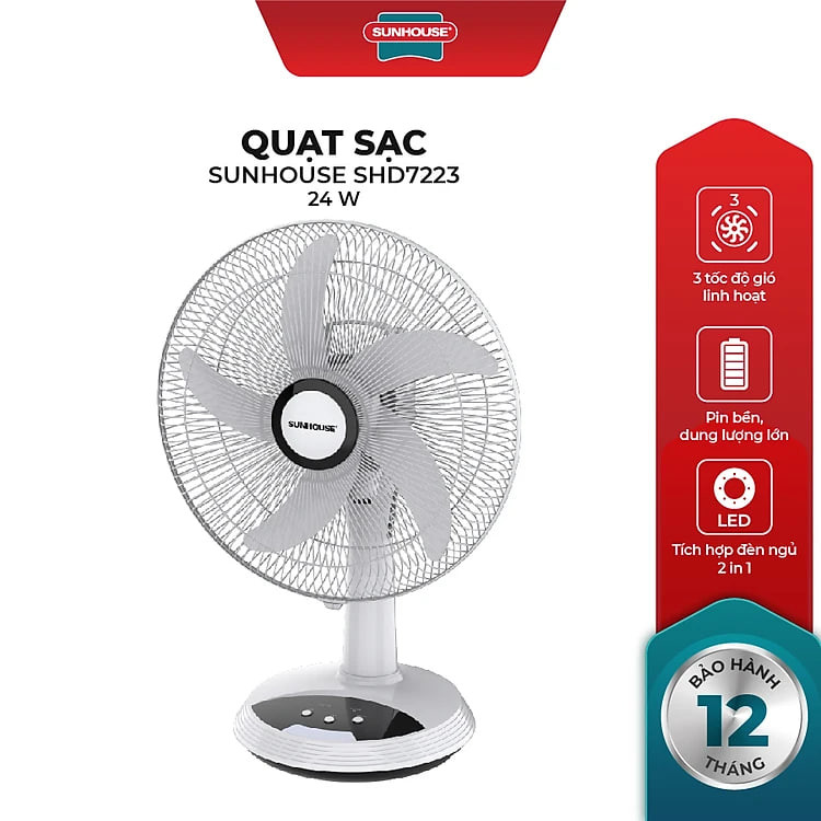 Quạt Sạc Tích Điện Sunhouse SHD7223 (24W) - Hàng Chính Hãng