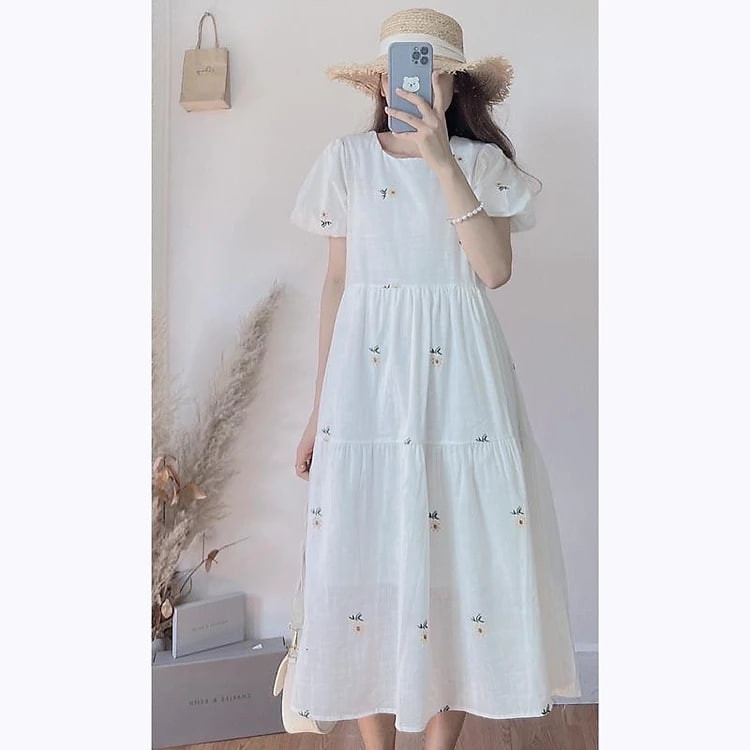 Váy babydoll hoa nhí tay bồng -Đầm nữ vintage dáng suông Hàn Quốc