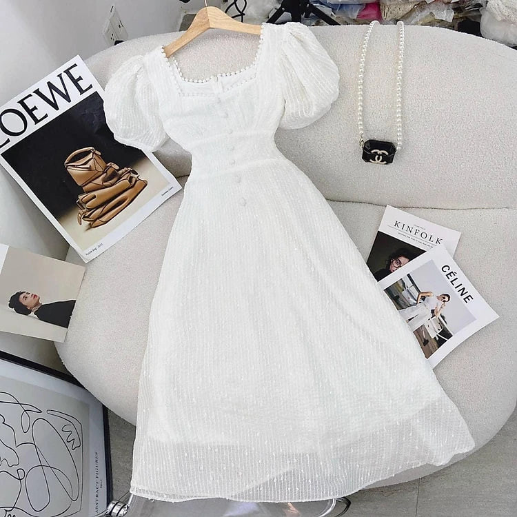 Đầm Midi Trắng Cổ Vuông Viền Ren Thanh Lịch Nữ Tính Tay Ngắn