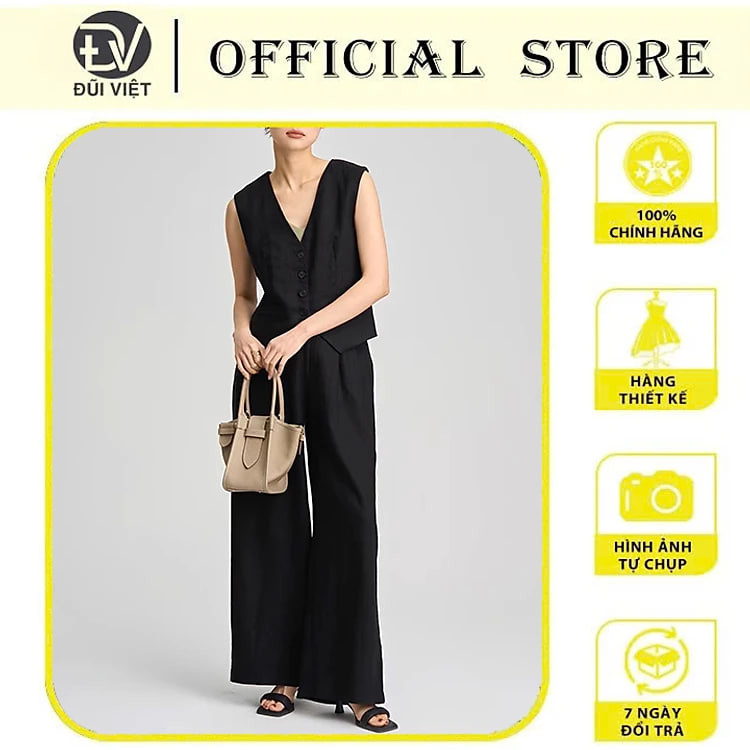 Set bộ nữ áo gile phối cúc cổ V mix quần dài ống rộng phong cách Hàn Quốc