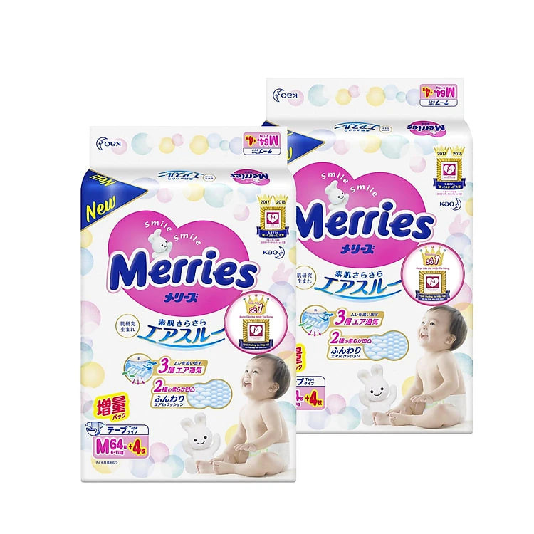 Combo 2 Tã/bỉm dán Merries size M - 64 + 4 miếng (6 - 11kg)