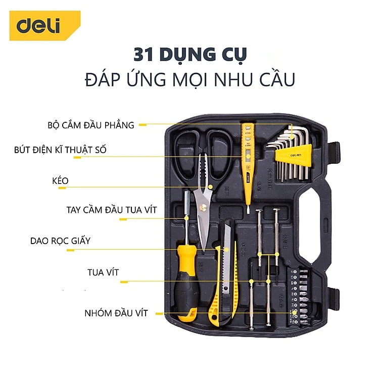 Bộ Dụng Cụ Sửa Chữa Đa Năng 116 Chi Tiết Deli Cao Cấp Chính Hãng - Sử Dụng Nhiều Mục Đích, An Toàn, TIện Lợi
