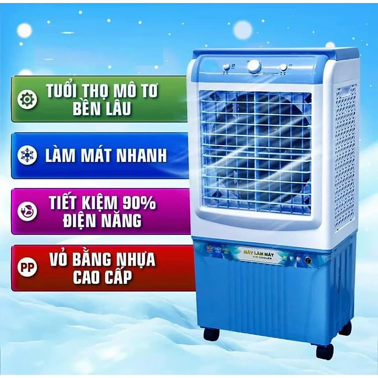 Quạt đá, quạt hơi nước, quạt điều hoà 45L có bánh xe tặng kèm 2 hộp đá khô, Hàng chính hãng