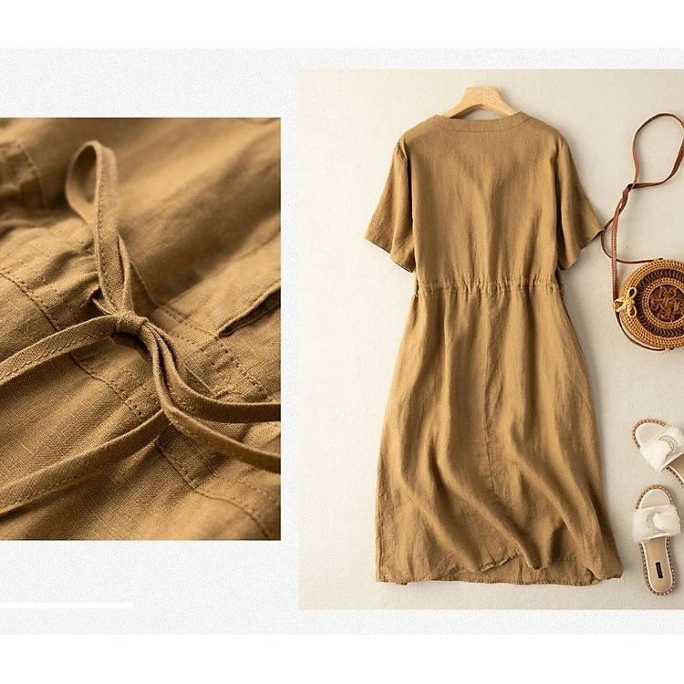 Đầm linen nữ thiết kế cổ V có túi, mix phong cách sơ mi thời trang, đầm đũi chất lượng cao AH72
