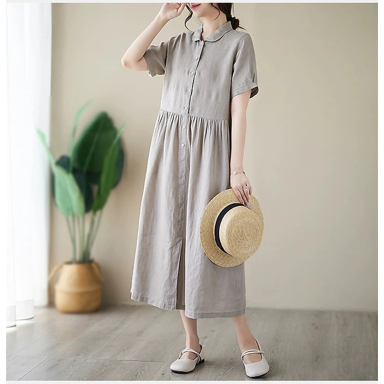 Đầm Trung Niên Sang Trọng Cao Cấp, Dáng Suông Hoa Tay Lỡ, Kèm Dây Thắt Eo, Chất Linen Mát ARCTIC HUNTER AH181