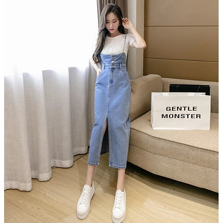 [ĐẸP CHẤT] Đầm yếm jean dài cài nút xẻ tà dáng suông mềm mại năng động C082