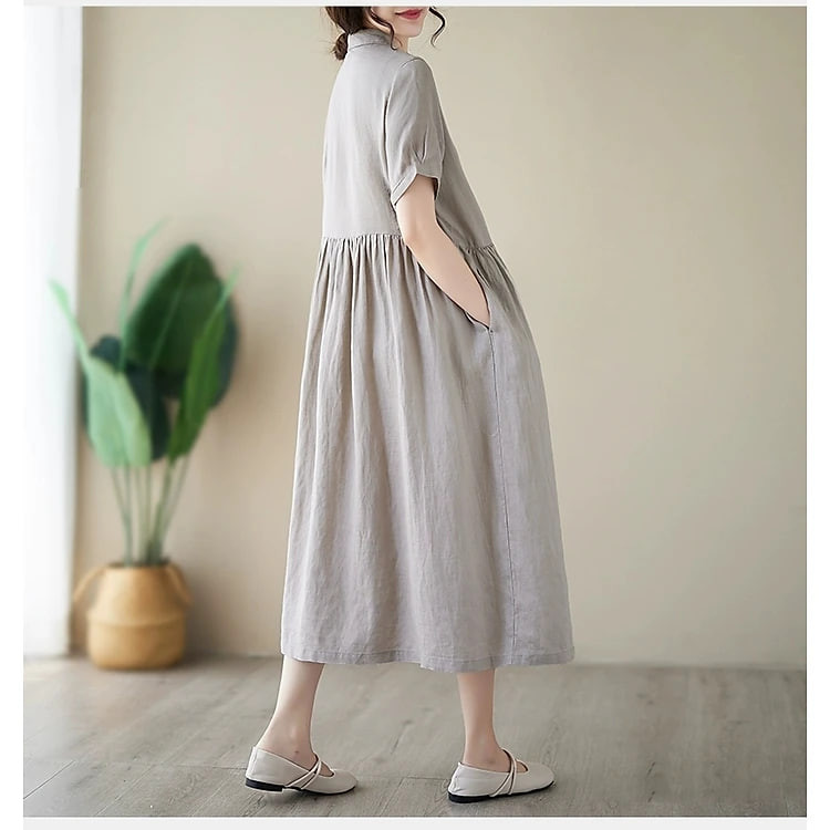 Đầm Trung Niên Sang Trọng Cao Cấp, Dáng Suông Hoa Tay Lỡ, Kèm Dây Thắt Eo, Chất Linen Mát ARCTIC HUNTER AH181