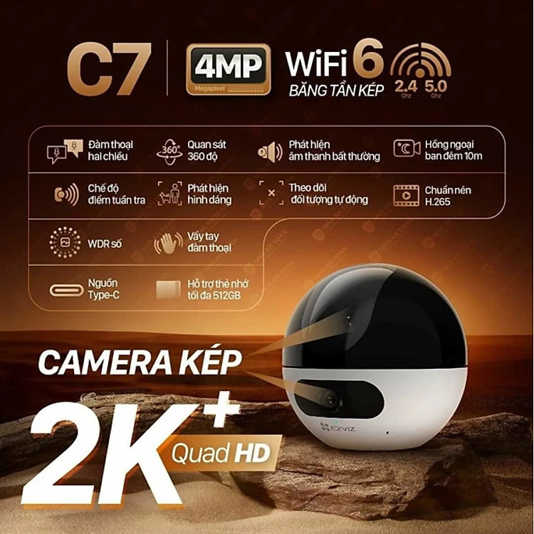 Camera Wifi Ezviz C7 2 Mắt 8M Quay Quét 360 độ, cảnh báo, phát hiện chuyển động, chống bụi, ban đêm có màu - hàng chính hãng