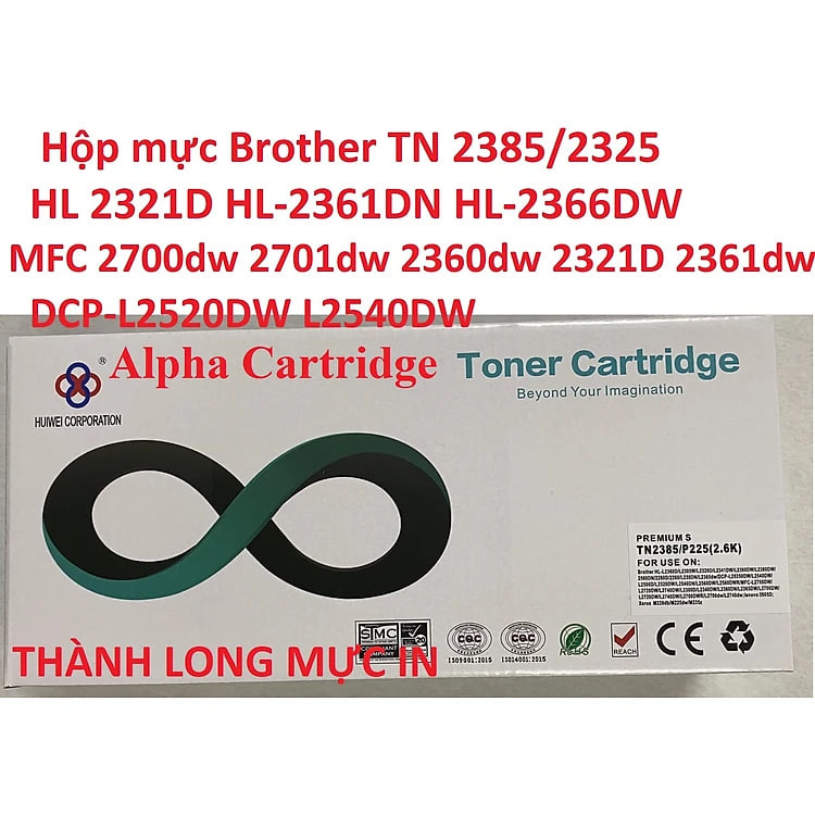 Hộp mực dành cho Máy in Brother DCP 2520dw 2540dw -HL-L2321D HL-2361DN HL-2366DW MFC-L2701D MFC-L2701DW - TN 2325/2385 Mới 100%-CÓ LỔ ĐỔ MỰC Hàng chính hãng Alpha Cartridge