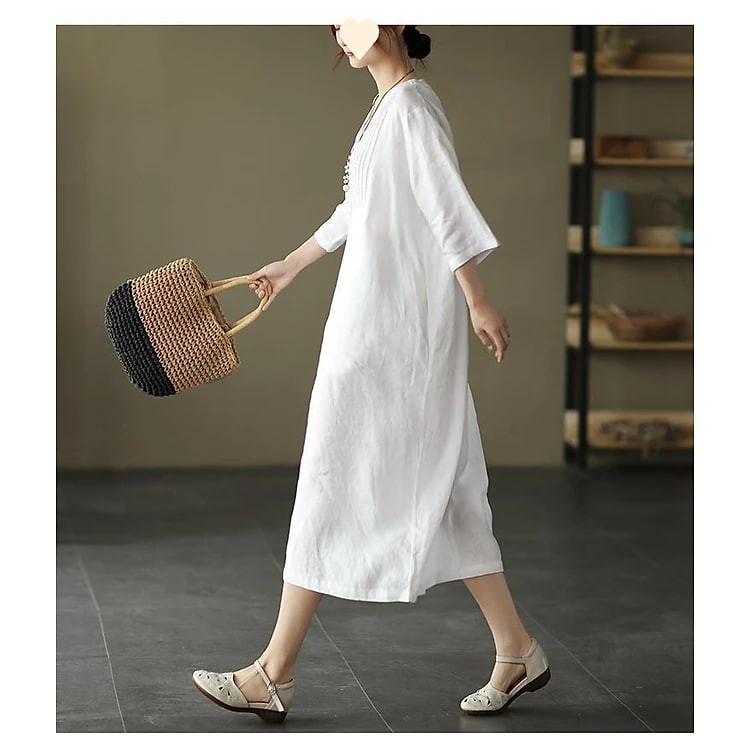 Đầm suông linen tay lỡ cổ phát V, chất vải linen tự nhiên mềm mát, thời trang cho phái nữ Da78