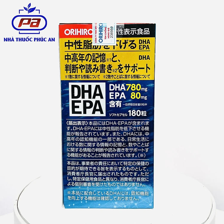 Viên uống bổ não, mắt, tim mạch Orihiro DHA EPA Nhật Bản 180 viên