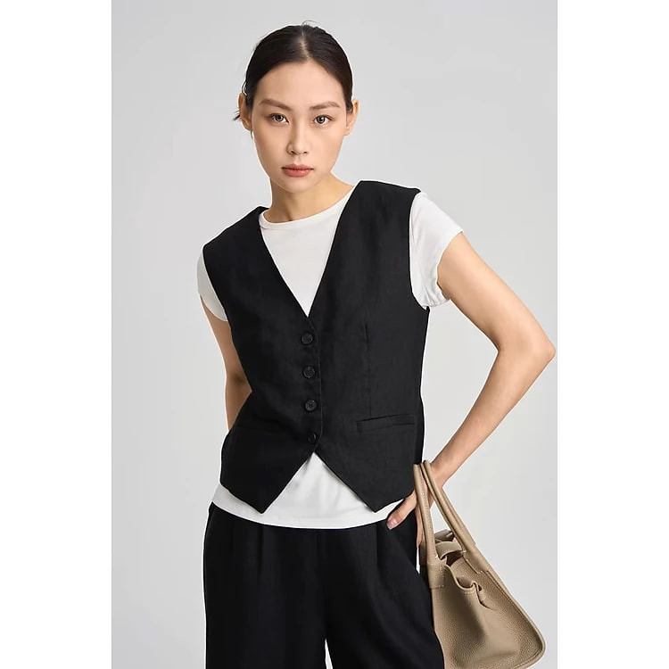 Set bộ nữ áo gile phối cúc cổ V mix quần dài ống rộng phong cách Hàn Quốc