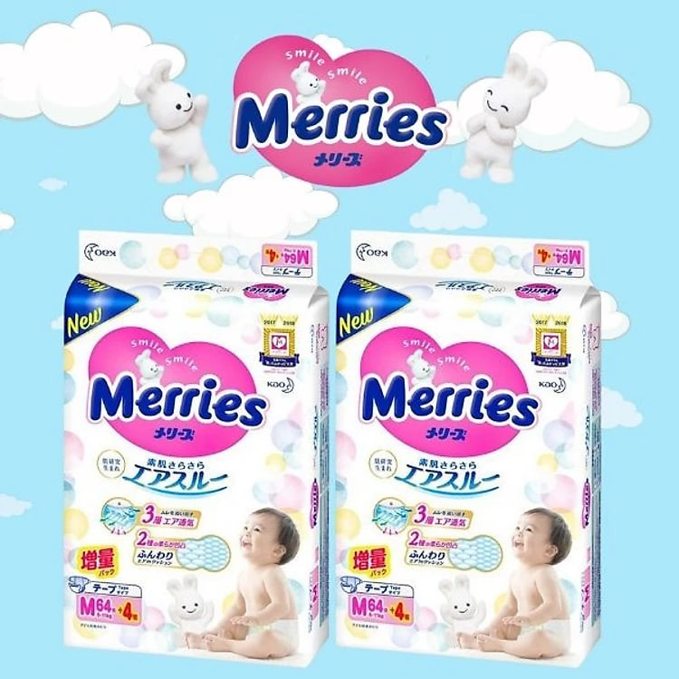 Combo 2 Tã/bỉm dán Merries size M - 64 + 4 miếng (6 - 11kg)