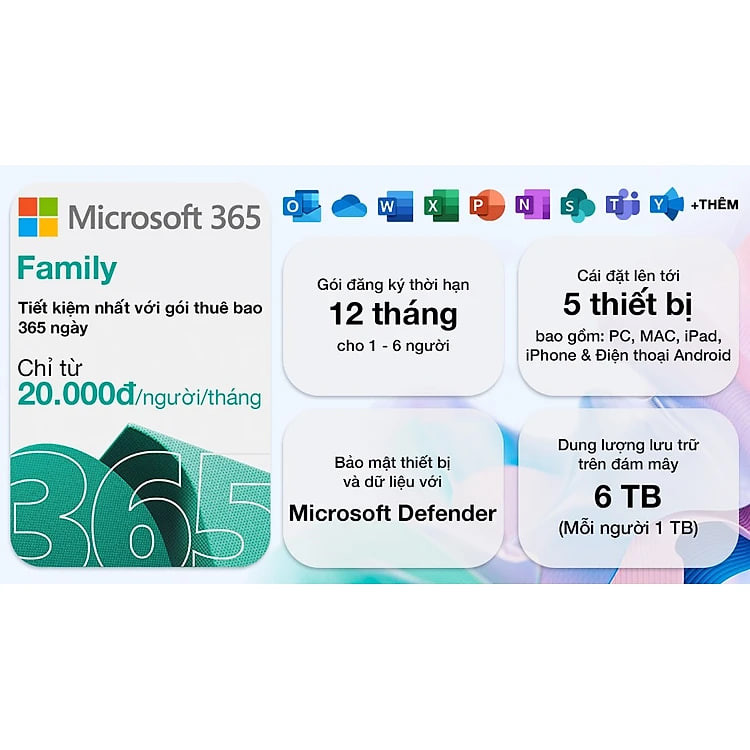 Phần mềm Microsoft Office 365 Family 6GQ-01896 / EP2-36878 | 12 tháng | Dành cho tối đa 6 người | 5 thiết bị/tài khoản| Word, Excel, PowerPoint | 1TB OneDrive