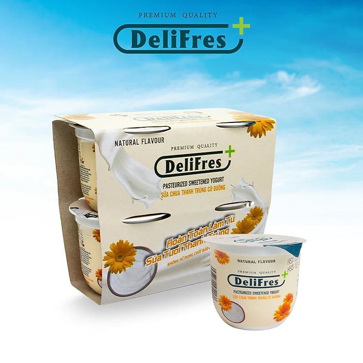 Sữa Chua Thanh Trùng DeliFres+ Có Đường | Lốc 4 Hũ 80g (Chỉ giao HCM)