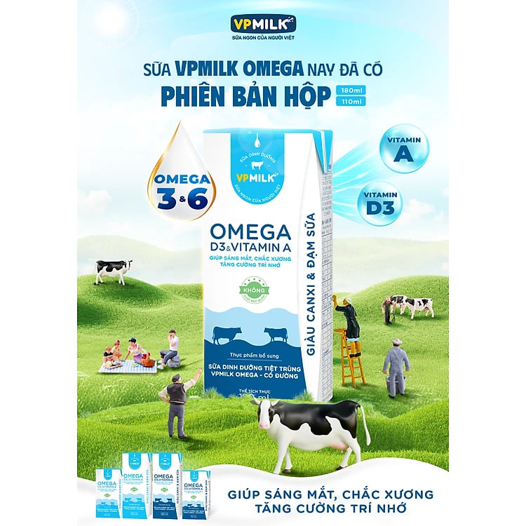 Sữa Dinh Dưỡng Tiệt Trùng VPMilk Omega Ít Đường dạng hộp cho bé trên 1 tuổi 180ml (thùng 48 hộp)
