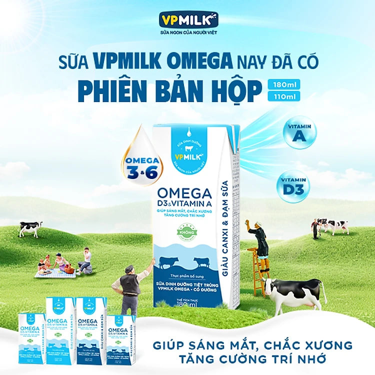 Sữa Dinh Dưỡng Tiệt Trùng VPMilk Omega Có Đường dạng hộp cho bé trên 1 tuổi 110ml (thùng 48 hộp)
