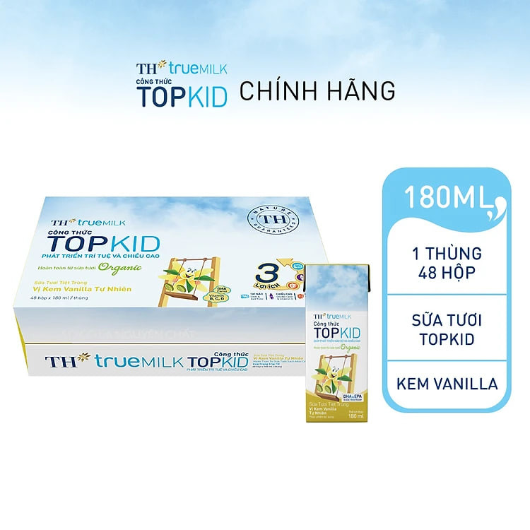 Thùng 48 hộp sữa tươi tiệt trùng TOPKID kem vanilla tự nhiên TH true MILK 180ml
