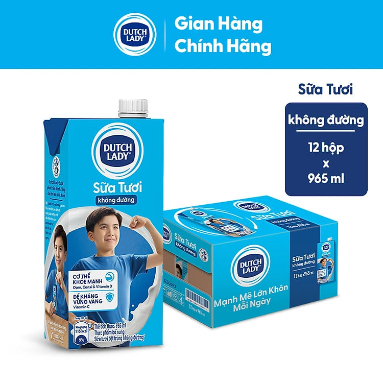 Thùng 12 Hộp Sữa Tươi Tiệt Trùng Dutch Lady Cô Gái Hà Lan Không Đường (12 X 965ML)