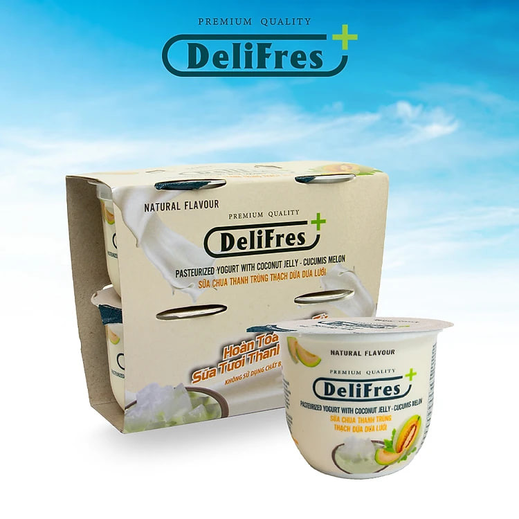 Sữa Chua Thanh Trùng DeliFres+ Thạch Dừa Dưa Lưới | Lốc 4 Hũ 80g (Chỉ giao HCM)