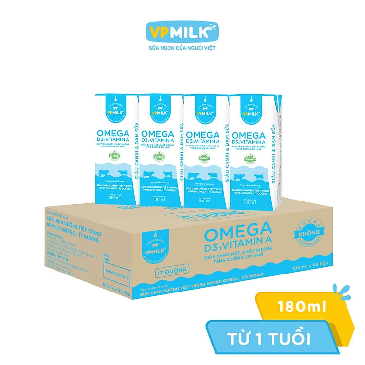 Sữa Dinh Dưỡng Tiệt Trùng VPMilk Omega Ít Đường dạng hộp cho bé trên 1 tuổi 180ml (thùng 48 hộp)
